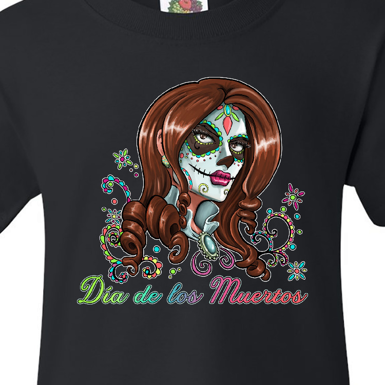 Inktastic Día de los Muertos Woman in Sugar Skull Makeup Youth T-Shirt - image 3 of 4