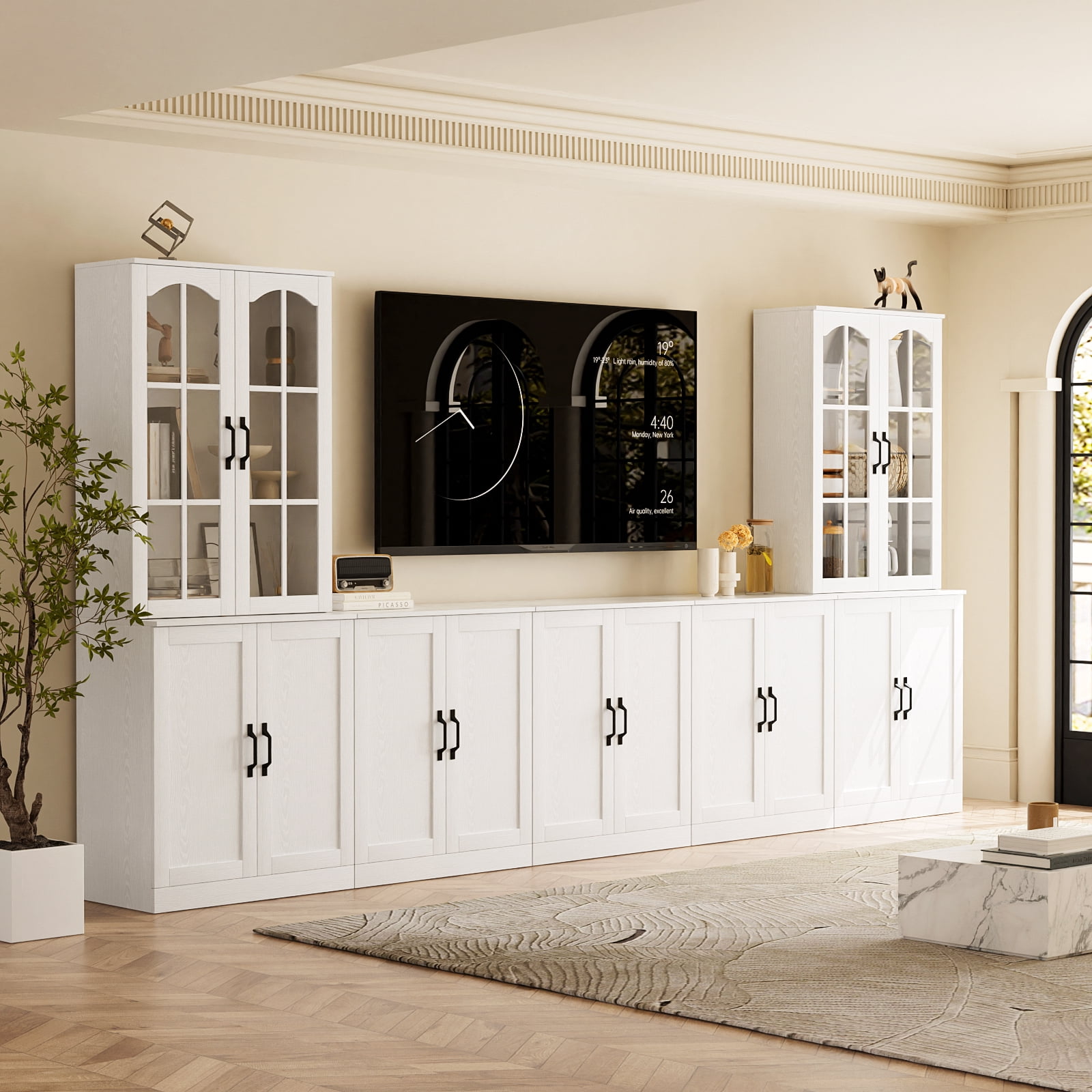RichYa 118" W Entertainment Center with Bookcases for TVs up to 65", Wall Unit TV Stand with Doors for Living Room