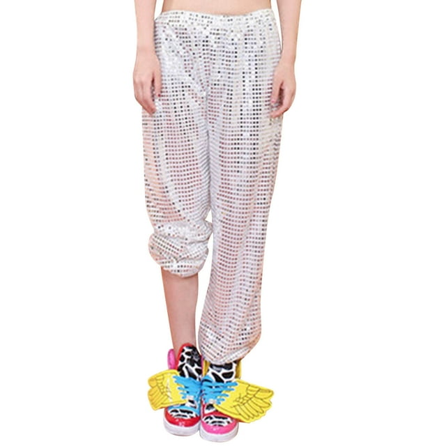 Fgnfyis Pantalons de Jogging à Paillettes pour Femmes, Pantalons Décontractés Skinny pour Fête, Disco, Hiphop, Danse, Blanc P