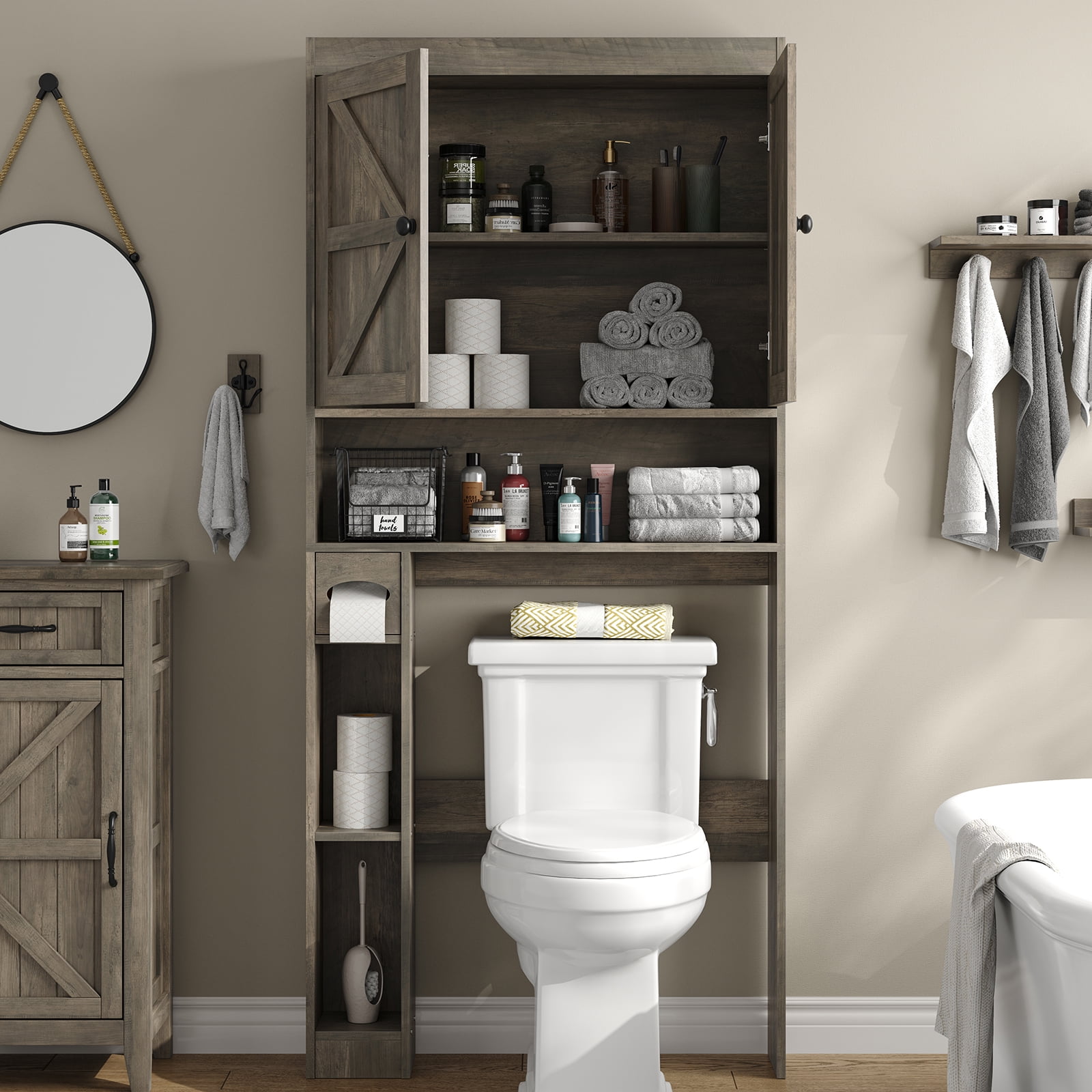 Furnihold Over The Toilet Storage Cabinet with Barn Doors, 32.3''W Farmhouse Bathroom Over Toilet Shelf Space Saver with Toilet Paper Holder, Gray
