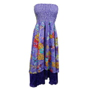 Mogul Womens Long Skirts Vintage Silk Sari Purple Printed Two Layer Beach Sundress