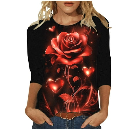 Htigea Womens 3/4 Sleeve Crewneck Shirts Romantic Rose Printed T-Shirts Valentine's Day Pullover Tops Casual Loose Tees Tunic Blouses Today Deals Clearance Items 04#Multicolor,XL