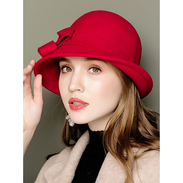 Tancuzo Womens Solid Color Bucket Hat Casual Lady Bowler Hat 100% Wool  Winter Cap Cloche with Bow Accent,Red