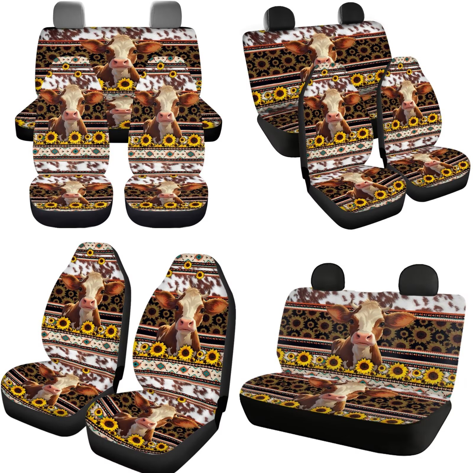 Garronmavis Aztec Highland Cow Car Seat Covers Full Set soft with Cars Headrest Protectors+Lanyards Key Ring+Auto Cup Coaster+Handbrake Gear+Shift Knob Cover Car Interior Accessories