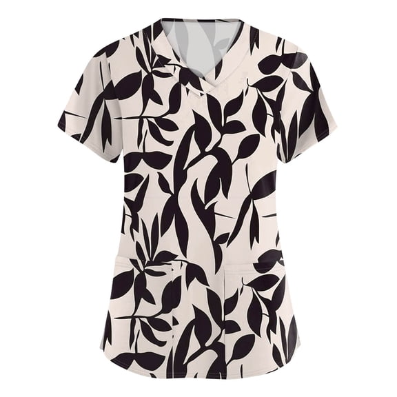 Womens Scrubs Floral Print 2 Pockets Short Sleeve Scrub Top V Neck Cozy Personality Fresh Trendy Nurse Uniform Top Beige L