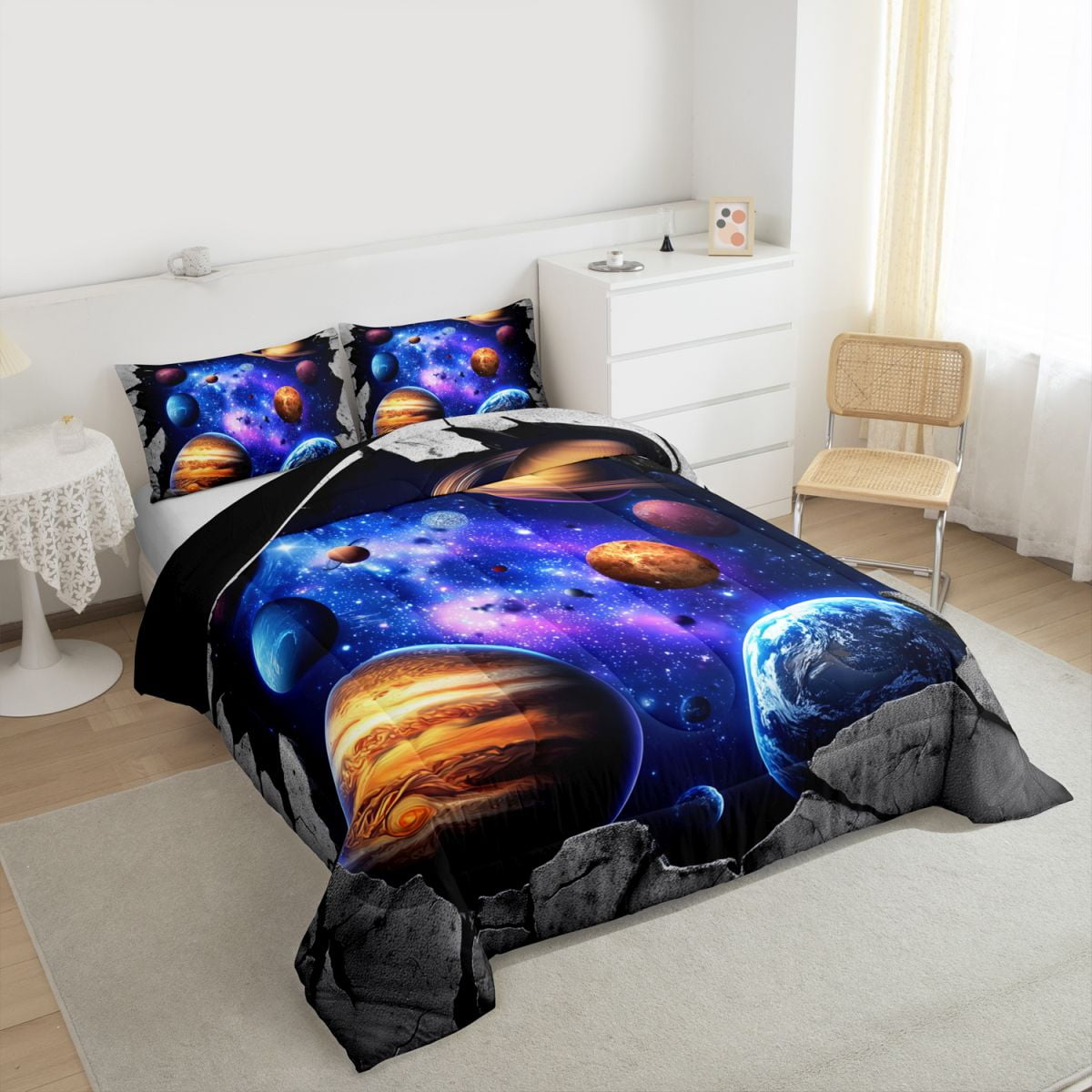 Galaxy Bedding Set Full Outer Space Themed Comforter Set, Solar System Bedding Comforter Sets for Teens Universe Themed Bedroom Decor Duvet Insert Space Starry Sky Planet Quilt