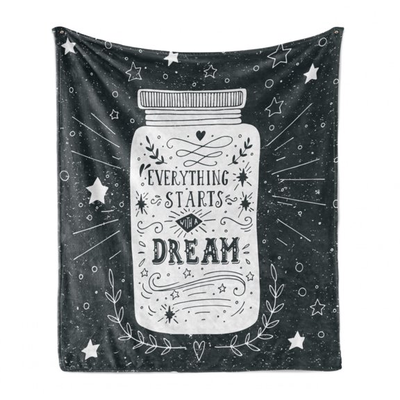 Dream Soft Flannel Fleece Throw Blanket, Jar Everything Starts with a Dream Words Grunge Style Stars Foliage Background, Cozy Plush for Indoor and Outdoor Use, 60" x 80", Bluegrey White, by Ambesonne
