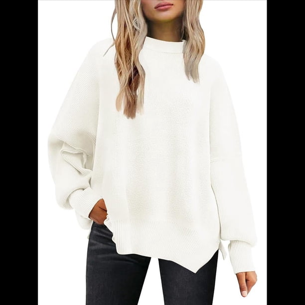 Suéteres de Murciélago Extragrandes para Mujer, Conjuntos de Otoño 2025, Suéteres de Cuello Redondo de Punto con Abertura Lateral, Tops de Moda. L
