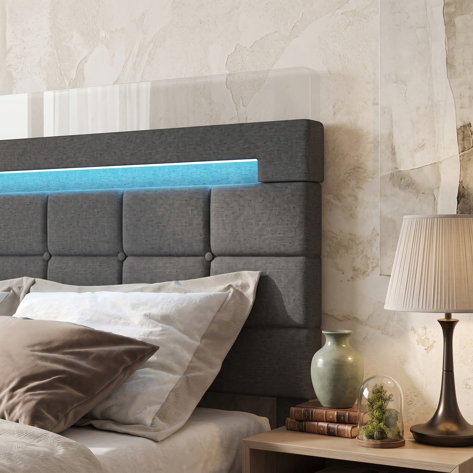 Furnibear Twin Bed Frame, Upholstered Bed Frame with LED Lights and Storage Drawers, Twin Platform Bed with Tufted Headboard for Bedroom, Gray