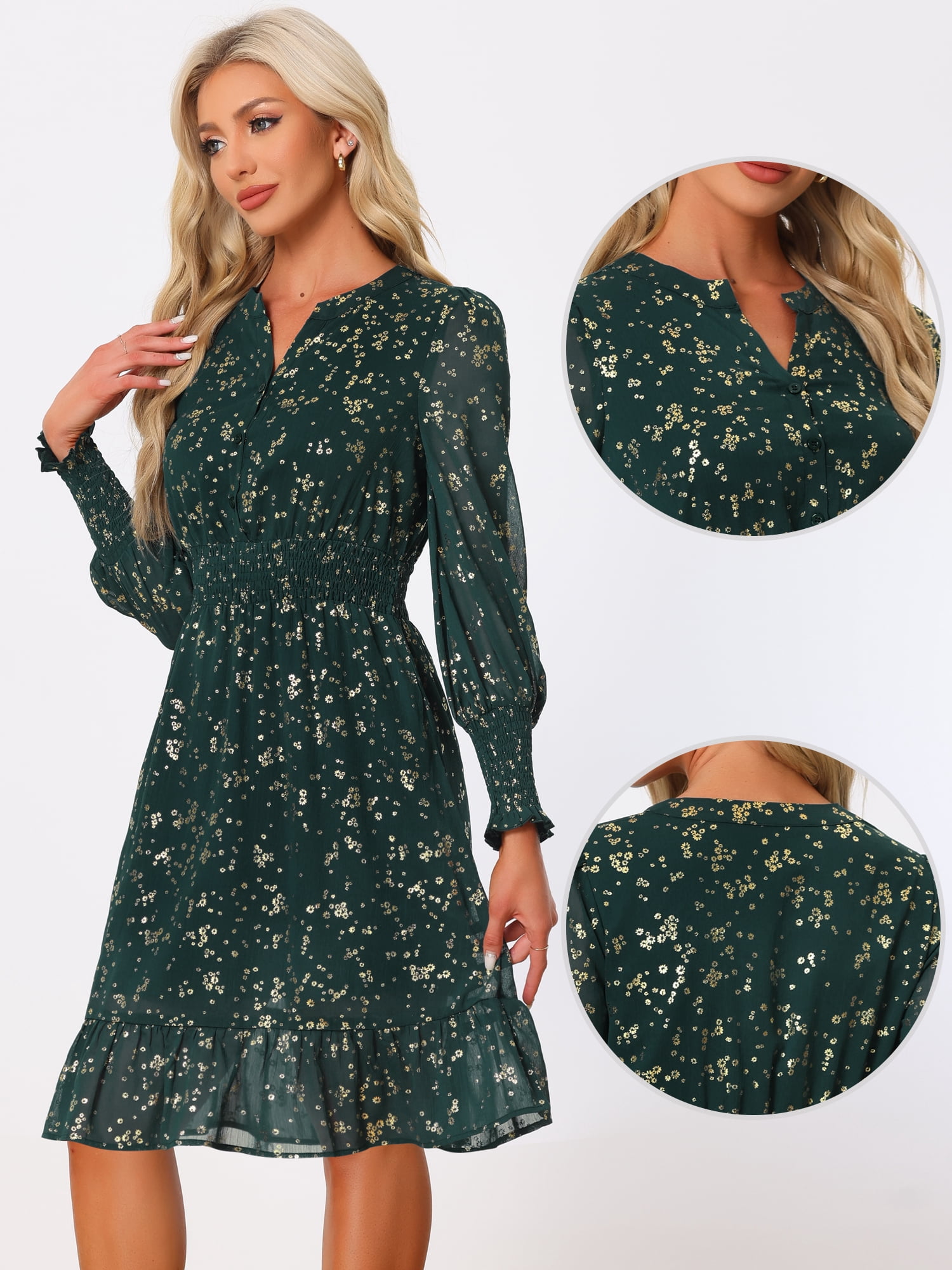 DARING DIVA Button Up Smocked Chiffon Metallic Star Dress S Dark Green-Floral