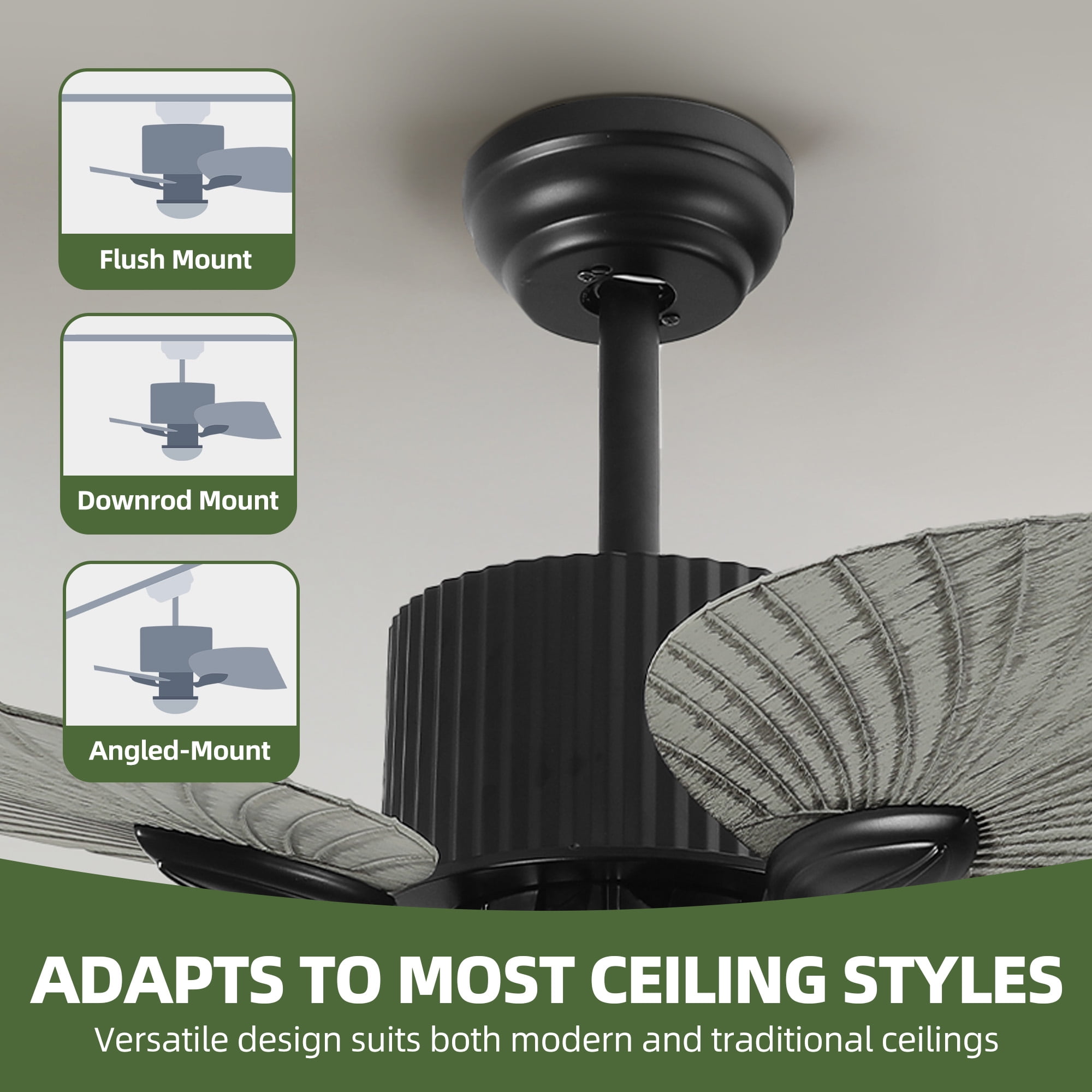 Uforic 44 Inch Tropical Coastal Ceiling Fans with Lights and Remote Control, 5 Palm Leaf Blades for Living Room,Bedroom - Gray