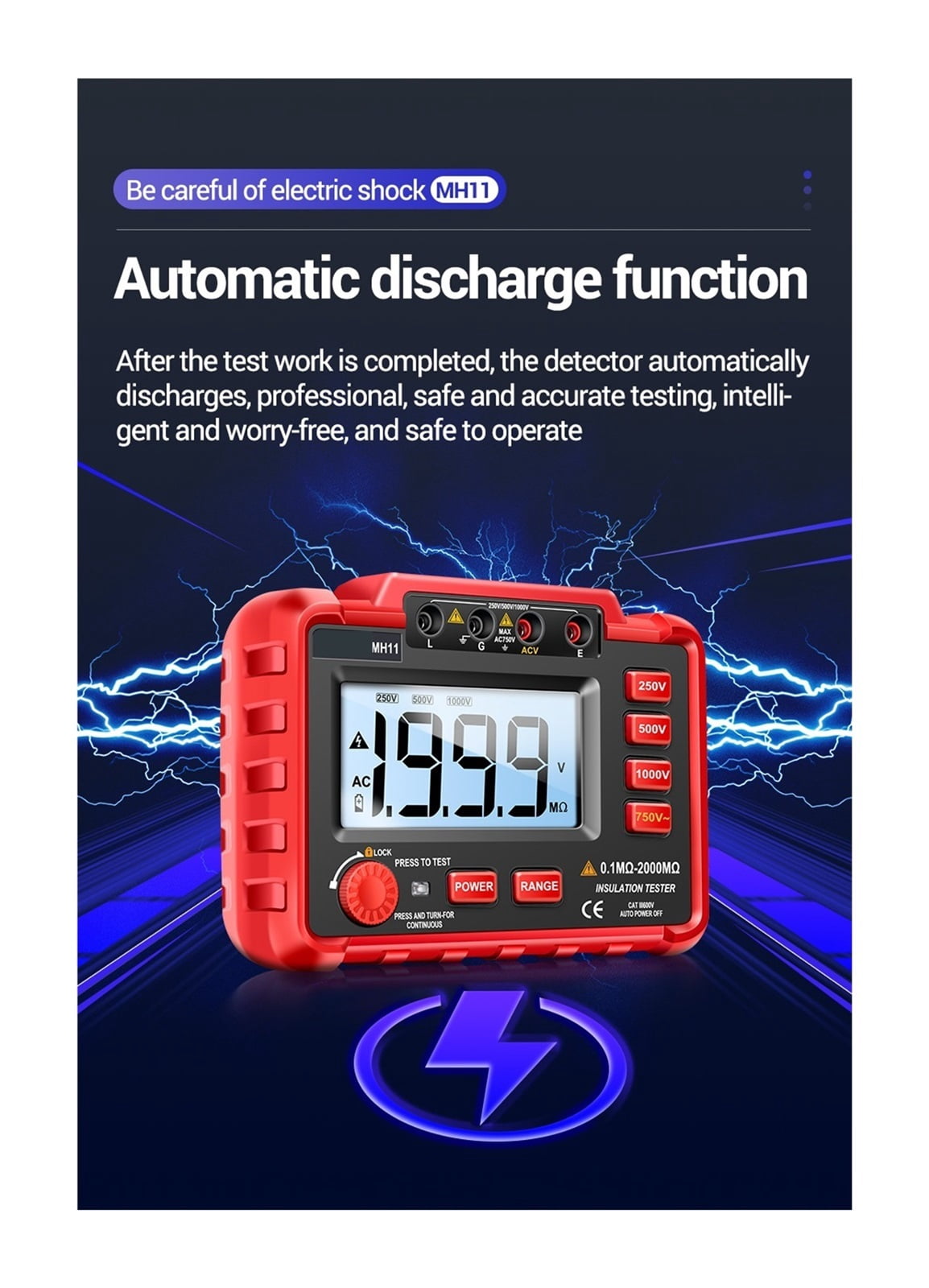 MH11 Insulation Resistance 2000M Testers Digital Meters Ohm High Voltage Megohmmeter Meter Non-battery Carry Tools