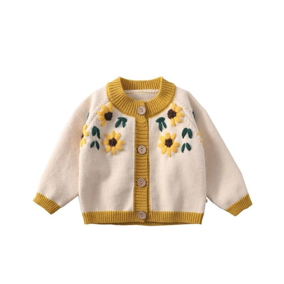 Godderr Toddler Baby Girl Knitted Sweater for Kids Cardigan Outfit for 2-7T Embroidery Long Sleeve Button Sweater Top Casual Cardigan Sweater Jacket