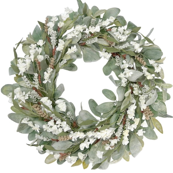 24 inch Spring Summer Front Door Wreath, Green Bunny Ear Leaves & White Flowers Door Wreaths for Front Door Outside