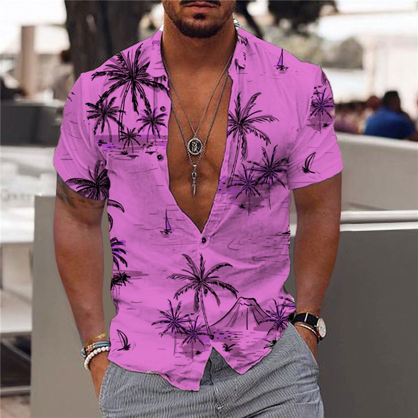 Summer Clearance SMihono Men Fashion Casual Buttons Hawaii Printing  Turndown Short Sleeve Shirt Blouse Mens Turndown collar Tees Tops Shirt  Purple 16