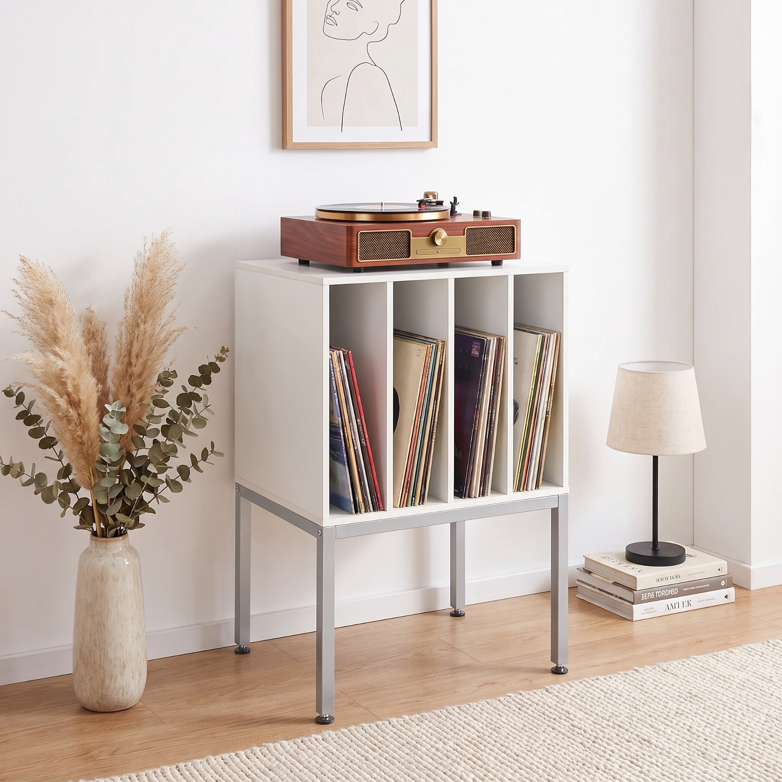 Furnibear Turntable Record Player Stand with Power Outlets USB and Vinyl Storage for Living Room Bedroom and Music Room, White