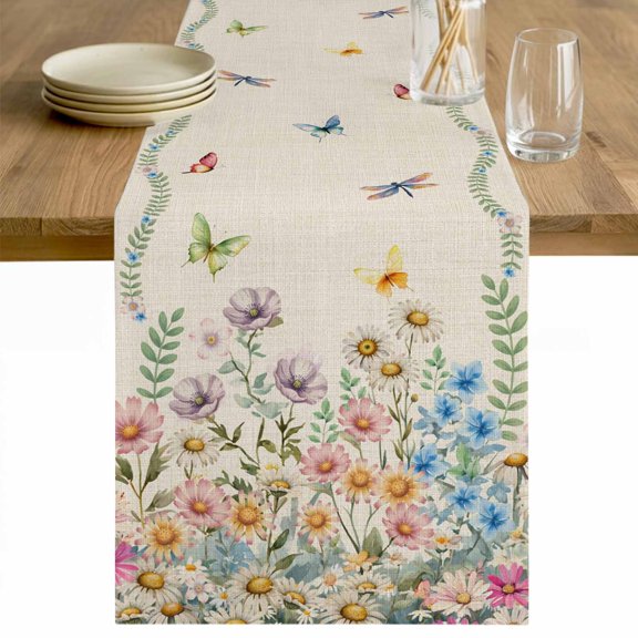 Colorful Floral Table Runner - 60 Inch Long Farmhouse Country Dragonfly Butterfly Flower Cotton and Linen Blended Dress Scarves Farmhouse Table Runner for Kitchen Dining, Coffee Table, 13" x 60"