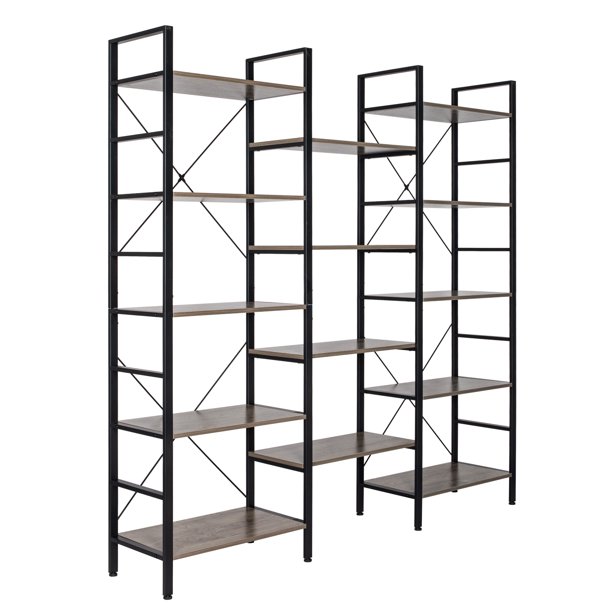 Triple Wide 5Shelf Bookcase, Etagere Large Open Bookshelf Vintage Industrial Style Shelves Wood