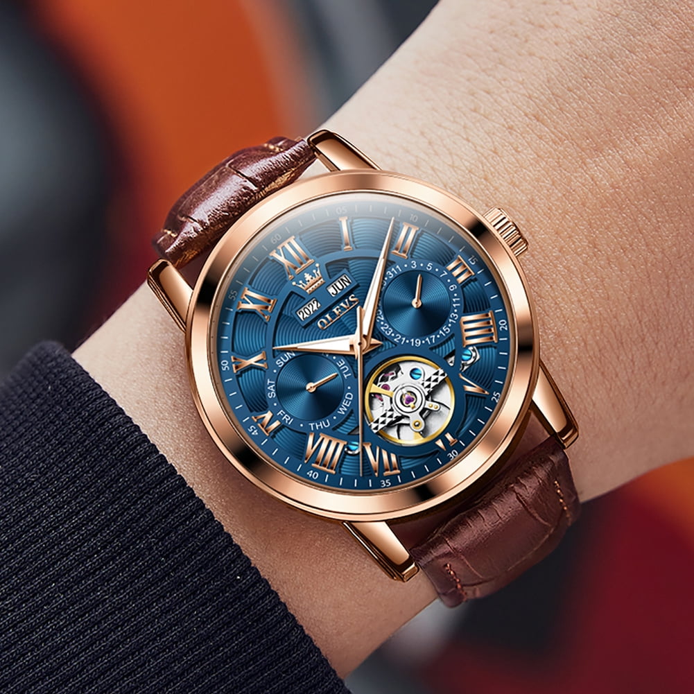 OLEVS Automatic Watches for Men Self Winding Mechanical Skeleton Flywheel Multifunction Luxury Dress Roma Rumerals Calendar Waterproof Luminous Men Wrist Watches Leather