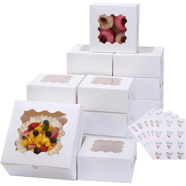 Caja para Postres con Ventana Transparente, Cajas para Galletas Cupcakes Macarrones Hechas de Cartón Reciclable y Plegable Incluye Etiquetas de Agradecimiento