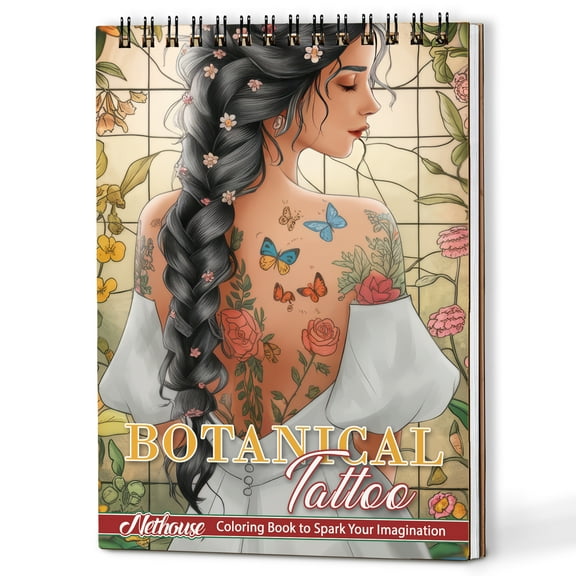 NETHOUSE Botanical Tattoo Coloring Book Spiral Bound for Adults, A5 Wooden Cover, 30 Floral Tattoo Designs Coloring Pages Inspired Botanical Patterns for Stress Relief and Relaxation