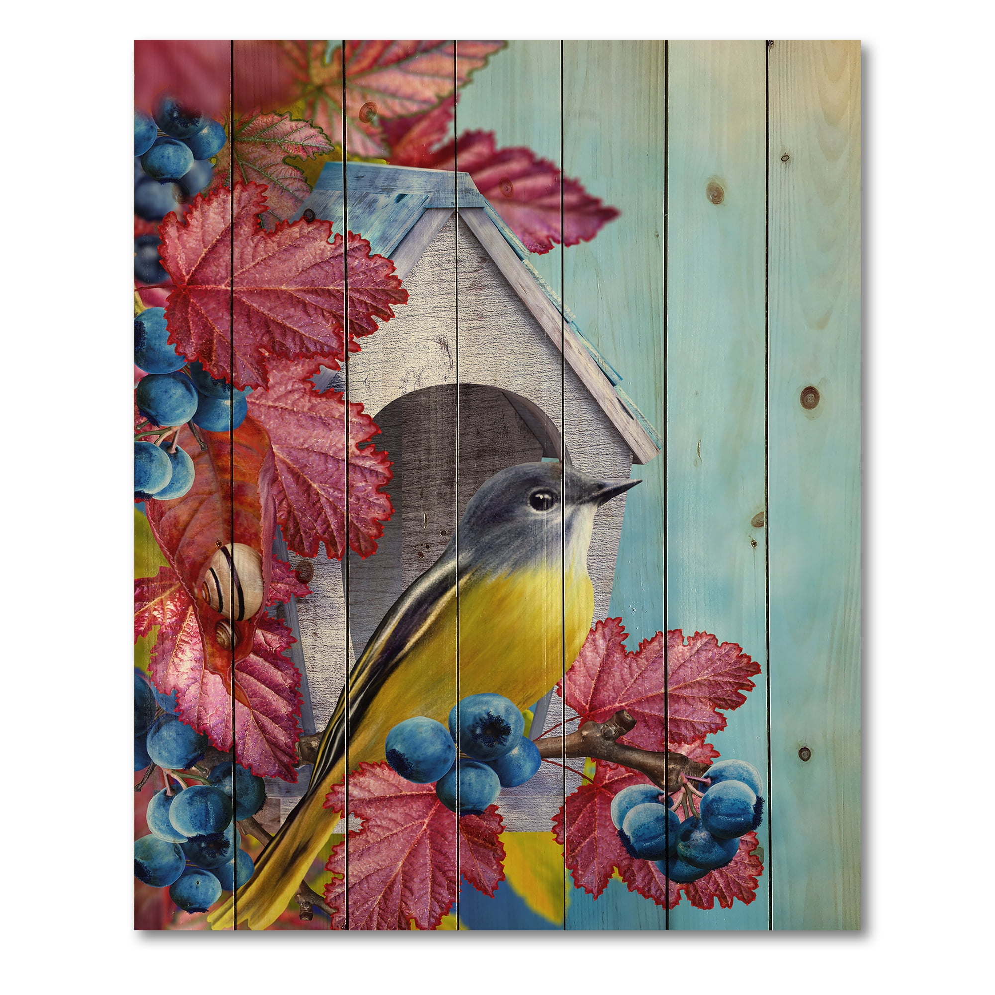Designart 'Titmouse Bird Sitting On A Berries Branch Near A Birdhouse' Traditional Print on Natural Pine Wood