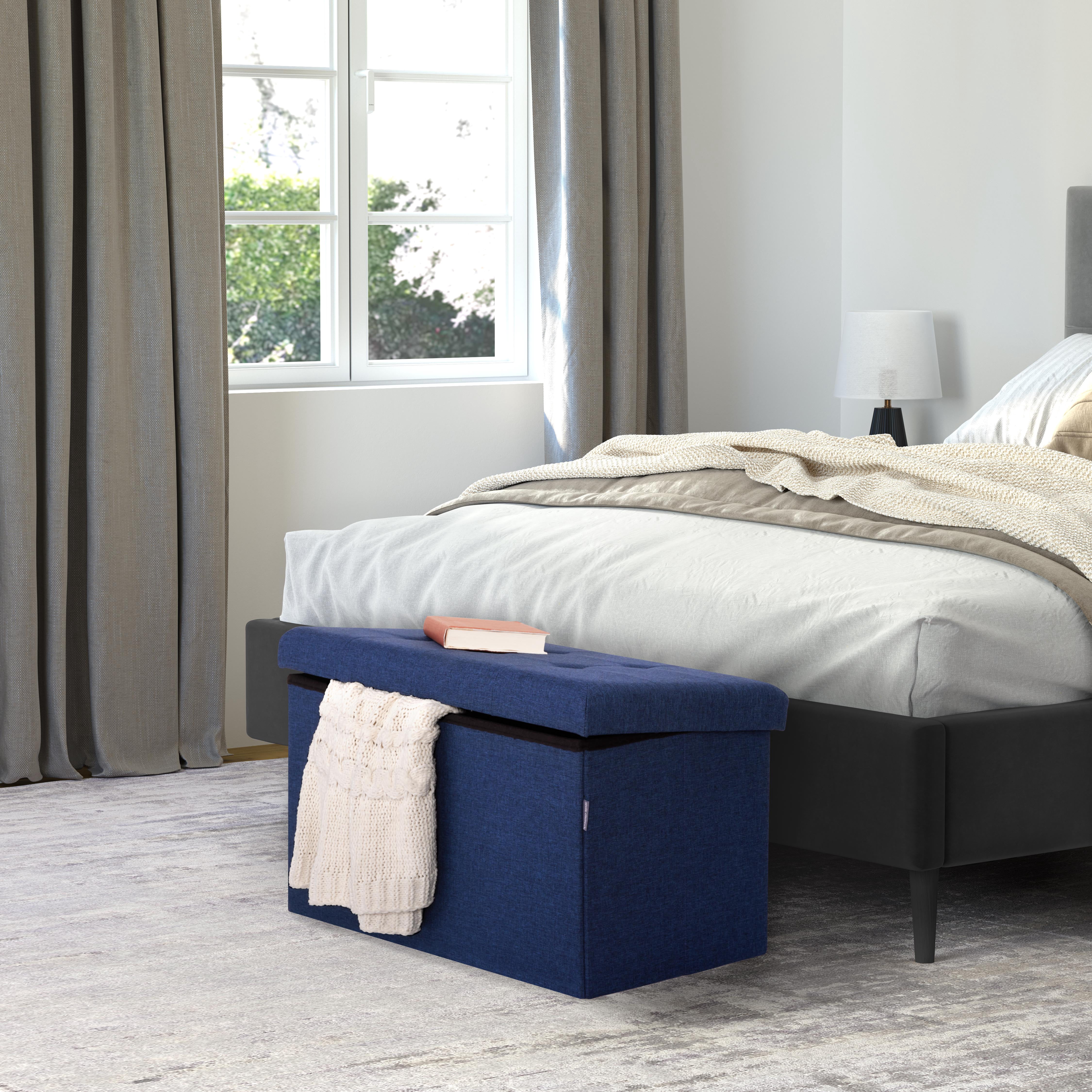 Seville Classics Cushioned Fabric Ottoman Hidden Storage Chest Footrest Chair, Padded Seat for Bedroom, Dorm, Loft, Living Room, Entryway, Hallway, Midnight Blue, 30" Bench