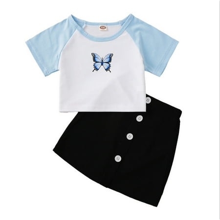 

Kids Girls 2-piece Outfit Set Butterfly Print T-shirt+Skirt Set