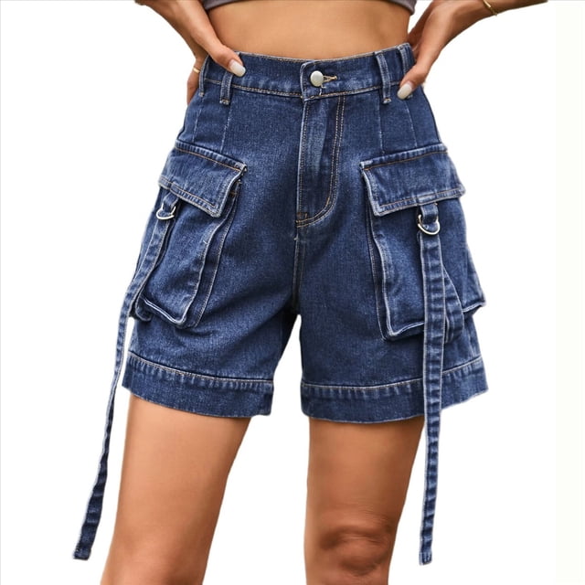 Shorts Vaqueros Cargo para Mujer - Shorts Casuales de Verano Vintage con Botones y Cremallera Azul Oscuro M