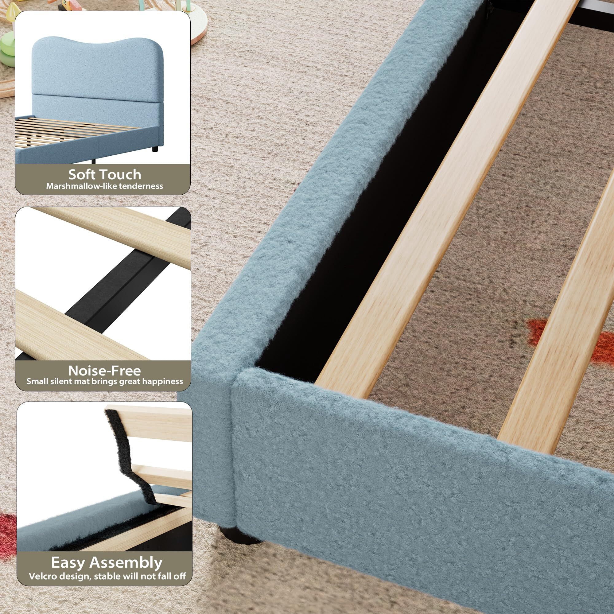 Jojoka Modern Full Bed Frame Upholstered in Soft Boucle Fabric, Sturdy Wooden Slats, No Gap Headboard, Easy Assembly, No Box Spring Needed, Blue