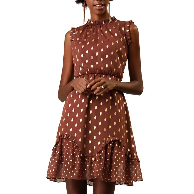 INSPIRE CHIC Women's Metallic Dots Print Sleeveless Ruffle Cocktail Dress