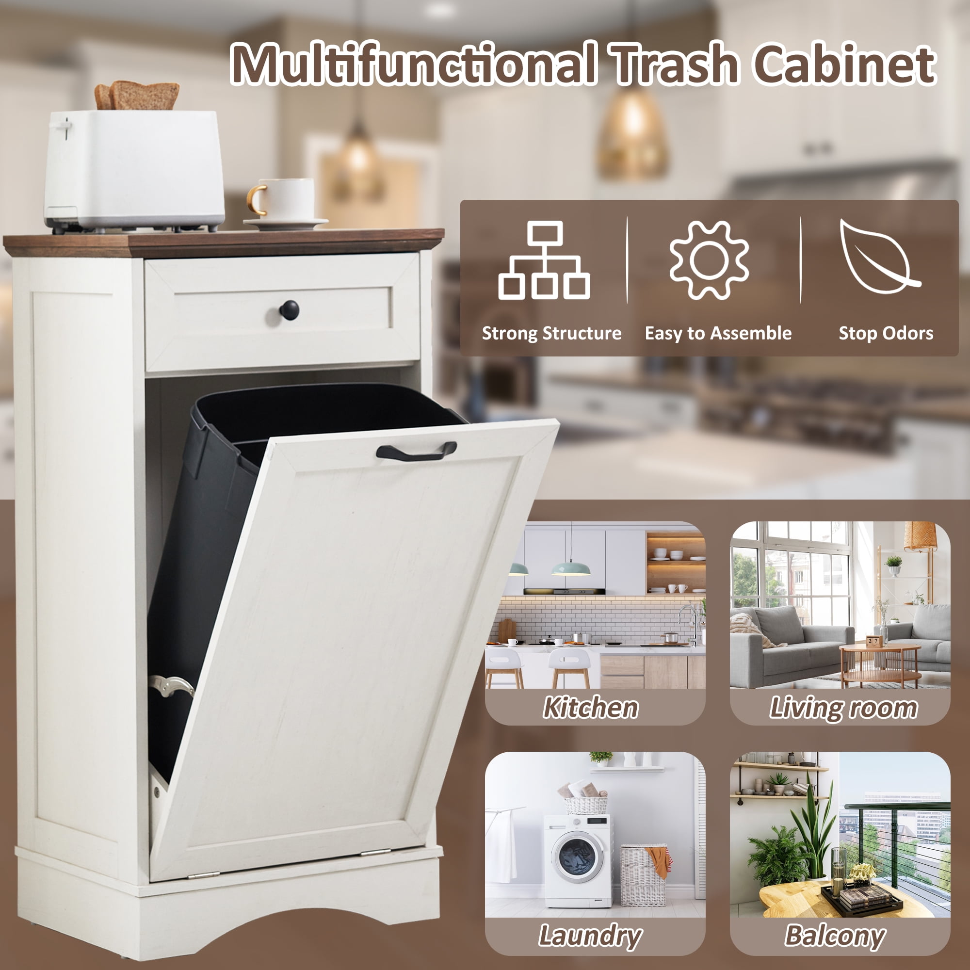 HARIPUL 13 Gallon Tilt Out Trash Cabinet for Kitchen, Single Kitchen Trash Can Cabinet with Drawers, White