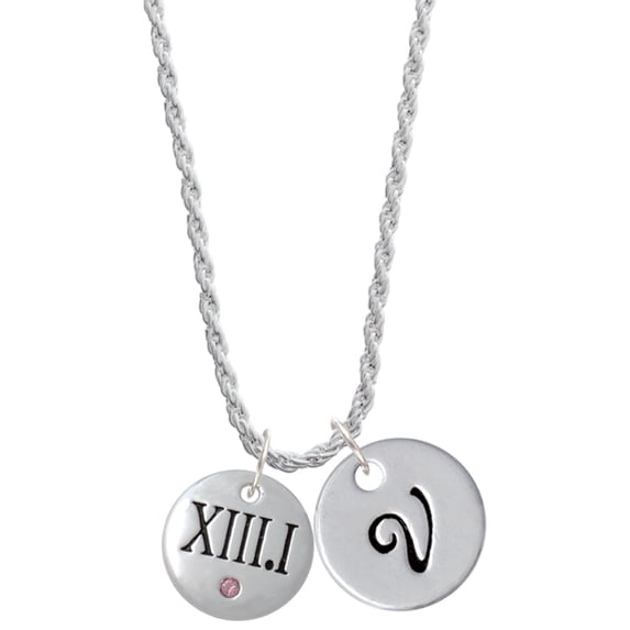 Delight Jewelry Silvertone Half Marathon with Pink Crystal Roman Numeral Silvertone Script Initial Disc - V - Charm Necklace, 20"+3"