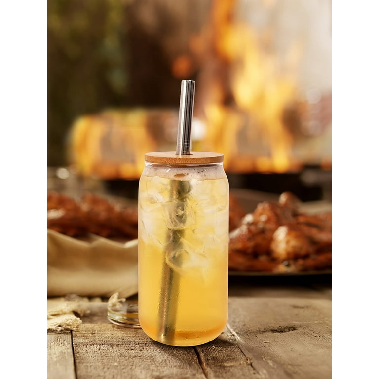 Beer Can Glass with Lids and Straw, Bamboo Top Cover, 20 oz
