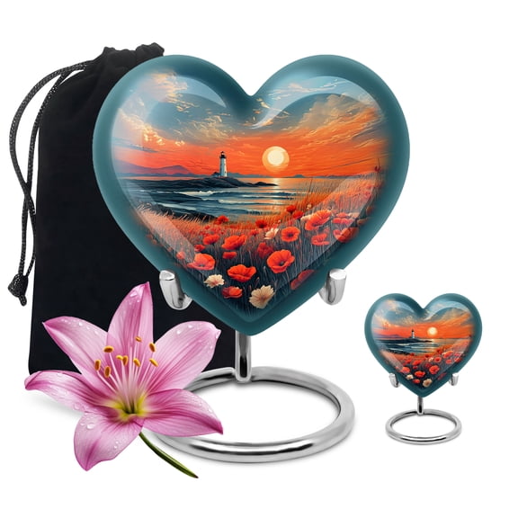 Yatskia Sunset Lighthouse Large Funeral Urns for Human Ashes Adult Male and Female, Small Cremation Urn for Adult Ashes, (Heart 8 Inch and 3 Inch)