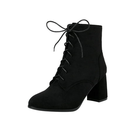 

Women High Heel Bootie Winter Warm Lightweight Pointed Toe Casual Solid Color Lace Up Ankle Boots Black Boots women size 9.5