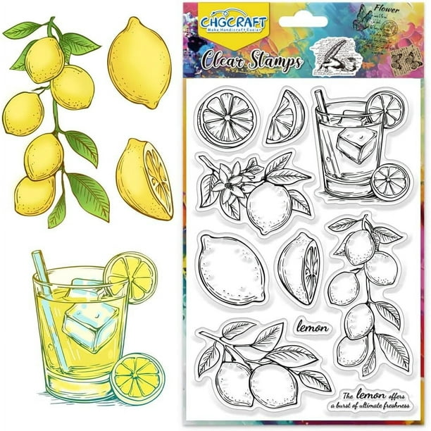 Sellos transparentes de limones, sellos de silicona transparentes de jugo de limón, sellos de silicona transparentes de rodajas de limón y flores de limón.