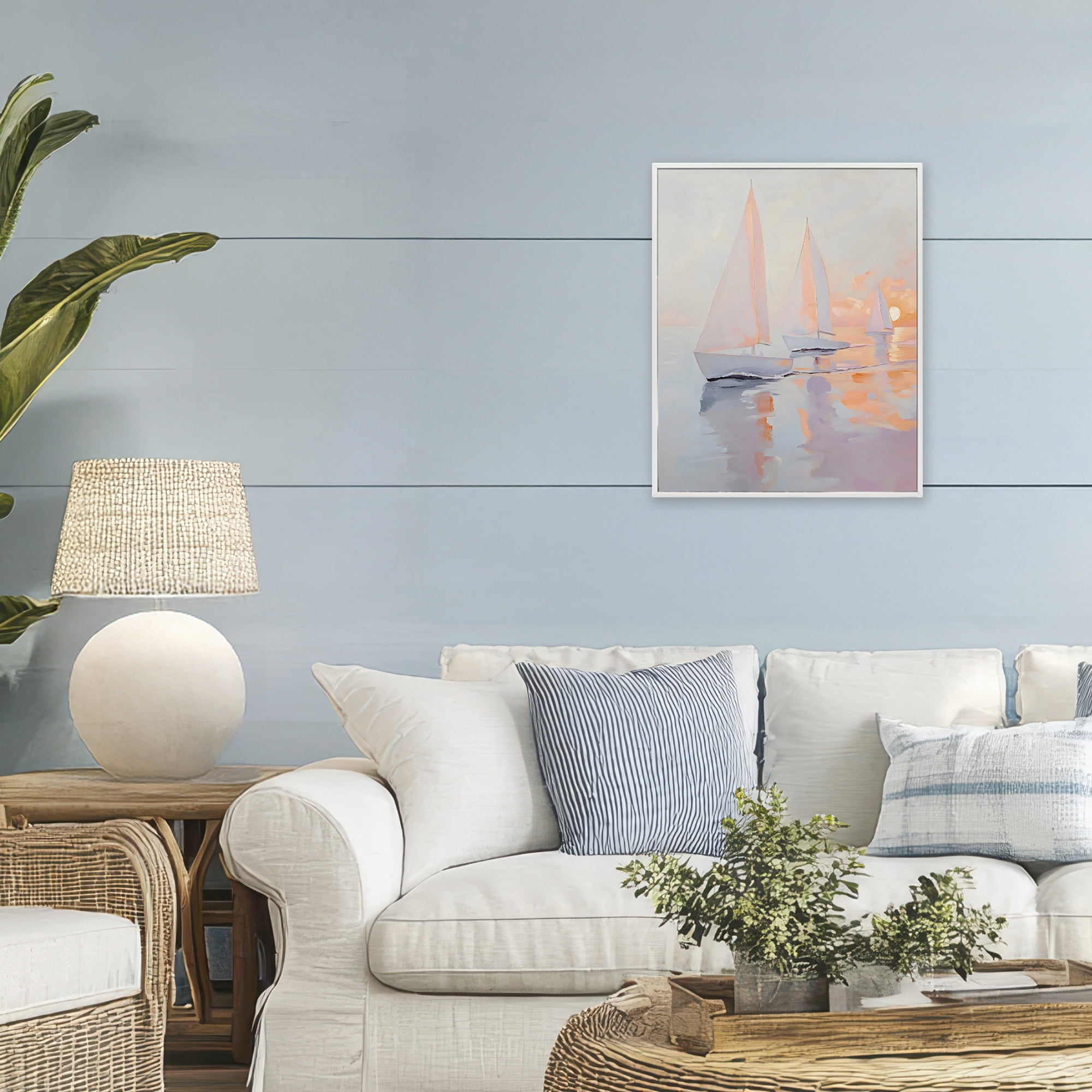 Stupell Industries Peach Sunset Sailboats on Sea White Framed Giclee Art, design by Creative Studio