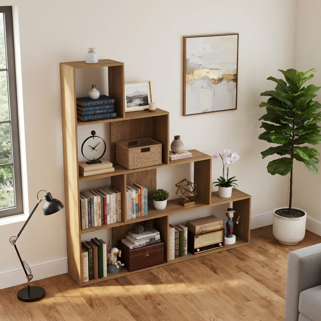 Yardi Yard 6 Cubes Ladder Shelf Corner Bookshelf Storage Bookcase-Natural, Tall Bookshelf, Bookshelf for Living Room, Home Office, Bedroom, Balcony