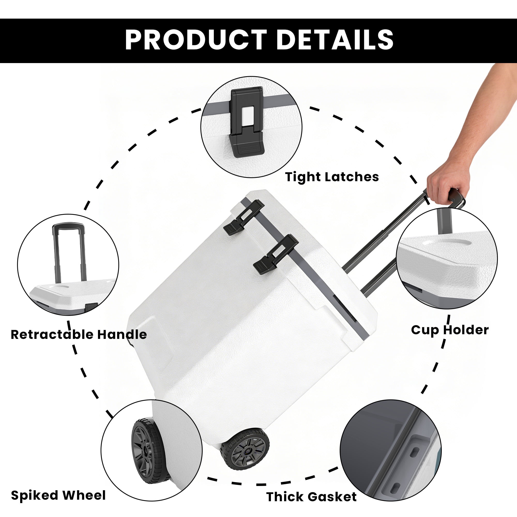 38QT Insulated Portable Cooler Box,Hard Sided Shell Wheeled Rolling Ice Chest with Handle,for Outdoor Camping Travel Car
