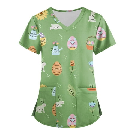 

netehipn Womens Scrub Tops Clearance Easter Day Women Cartoon Animal Print Scrub Shirt Tops Short Sleeve with Pocket Army Green XXXL