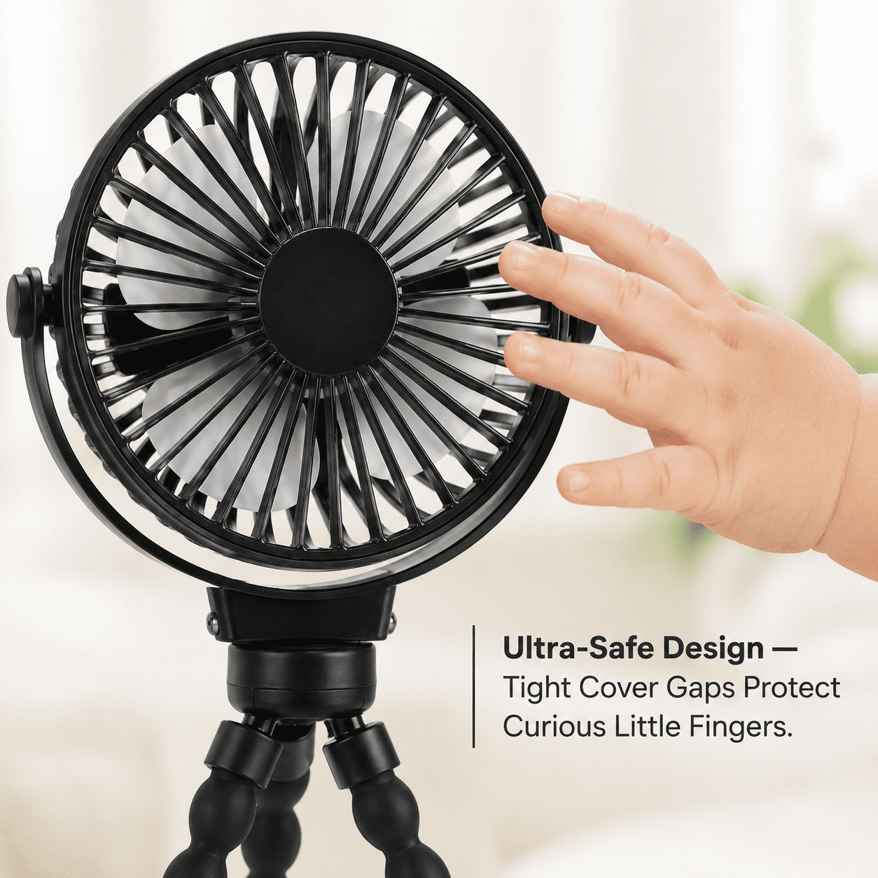 Portable Baby Stroller Fan - Black, Rechargeable, with Tripod, Type-C Charging, and Adjustable Speed