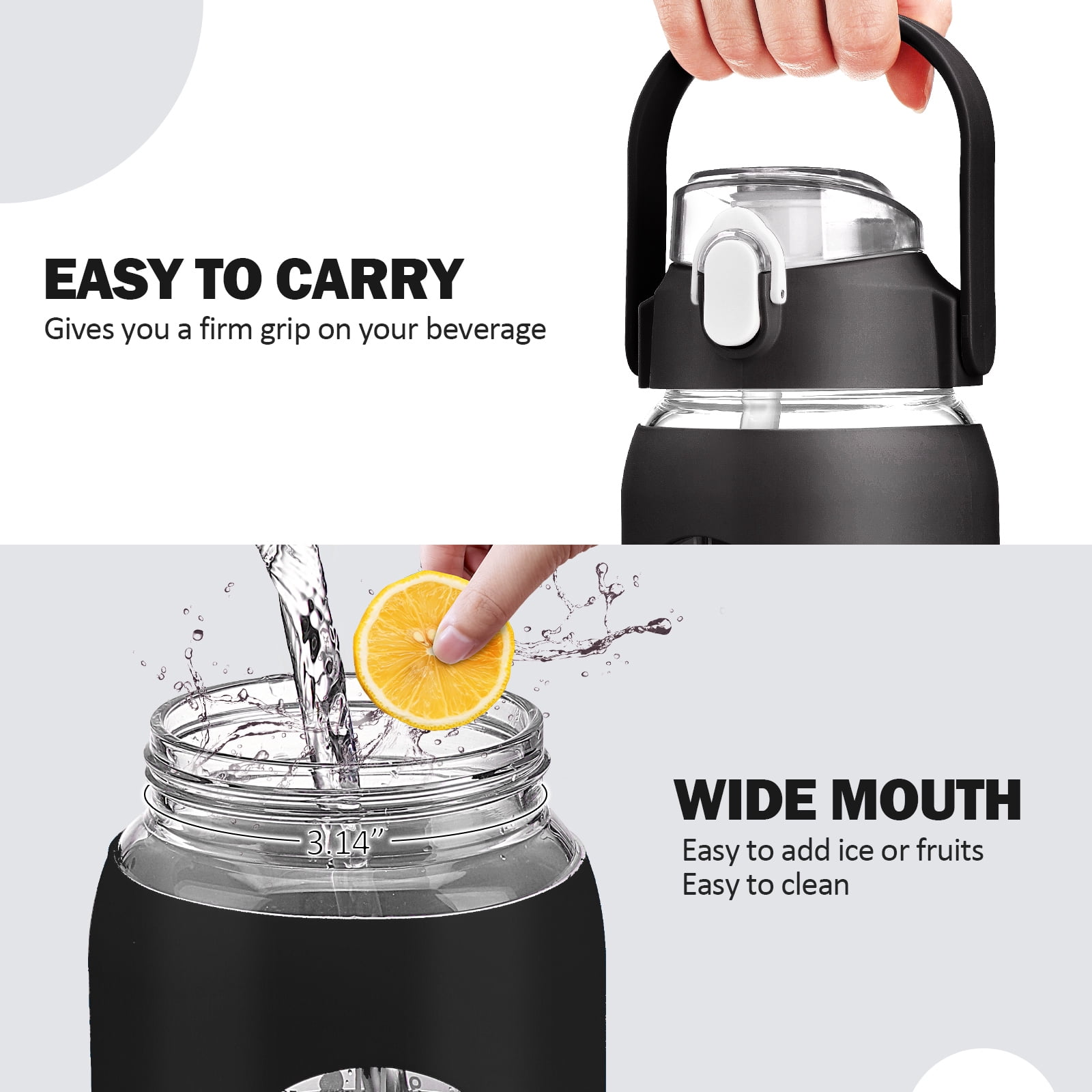 MUKOKO 64oz Glass Water Bottles, Water Jug with Silicone Sleeve, Half Gallon Glass with Straw and Time Marker, Black
