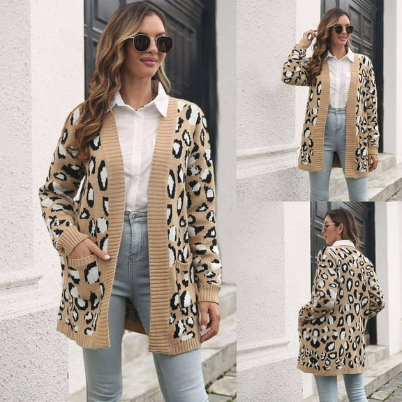 Cardigans for Women Trendy Knit Long Sleeve Open Front Leopard Print Sweater with Oversized Pocket Crew Neck Fall Winter Fashion Casual Comfy Beige L
