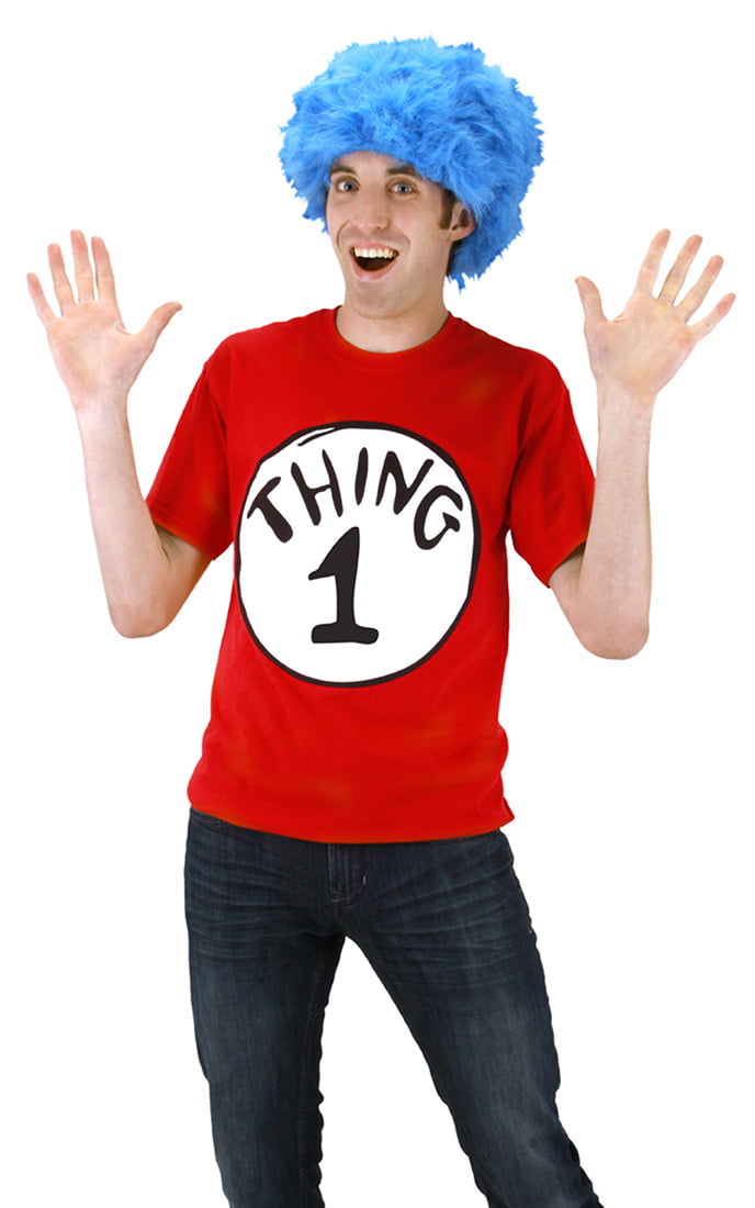 Adult Thing 1 Thing 2 Costume Dr Seuss Mens Cat In The Hat Book Week T-shirt Wig 