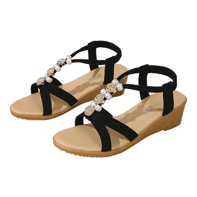 Hyknon Sandals for Women Large-size Wedge Sandals With Elastic Sleeves And Beaded Wind Sandals Arch Support Comfortable Sandals