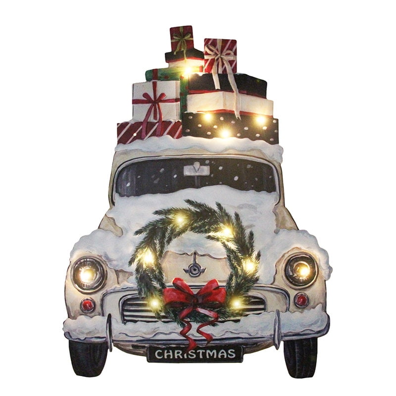 26 Inch Iron Pre-Lit Christmas White Truck w Gifts Sign