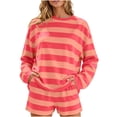 thumbnail image 2 of sdhkgrrt Women's 2 Piece Matching Lounge Set Soft Long Sleeve Round Neck Pullover Tops Drawstring Waist Shorts Striped Loose Casual Outfits Fall Tracksuit Clothing , Hot Pink M, 2 of 4