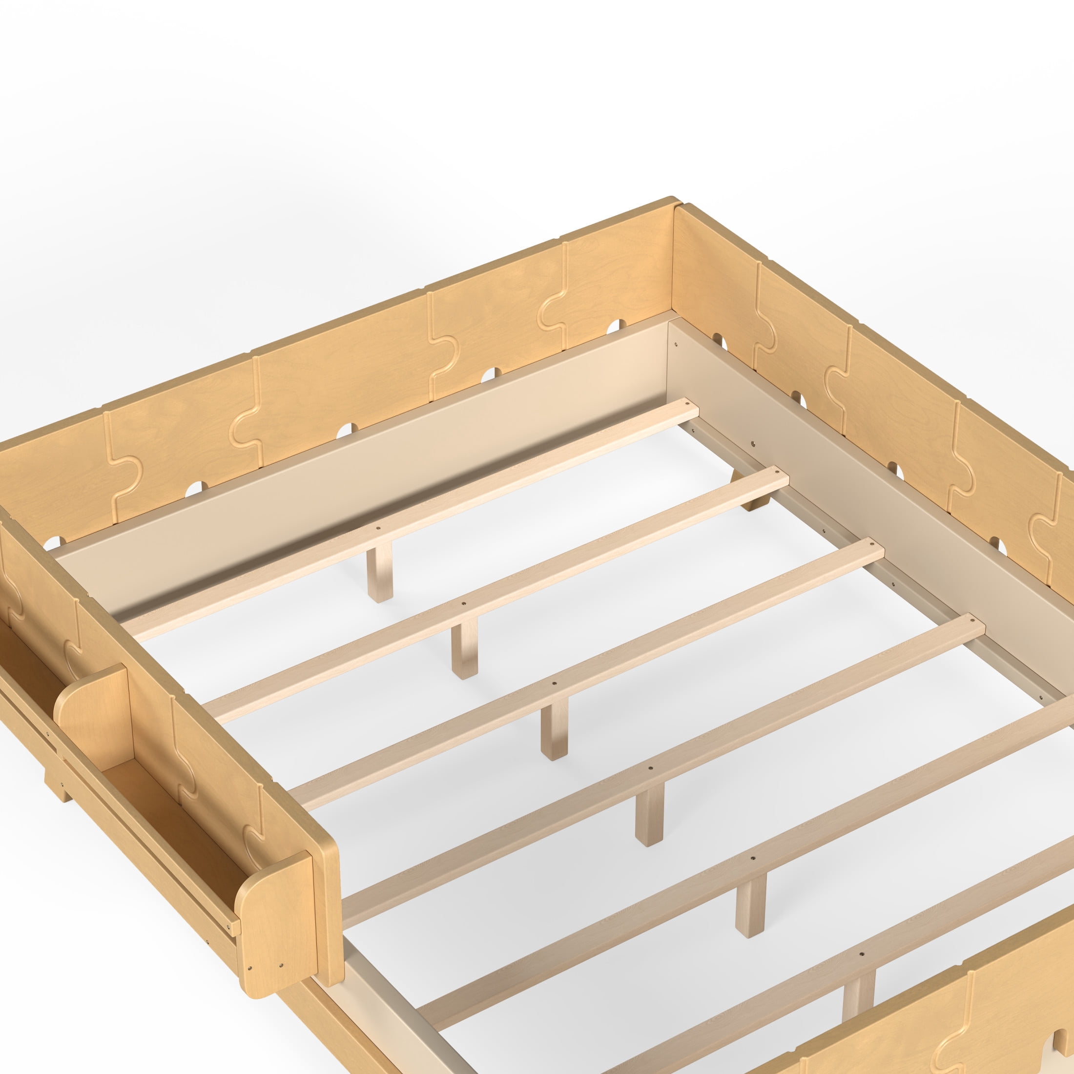 GDF Studio Full Size Montessori Floor Bed with Guardrails & Bookshelves, Building Block Design, White+Natural