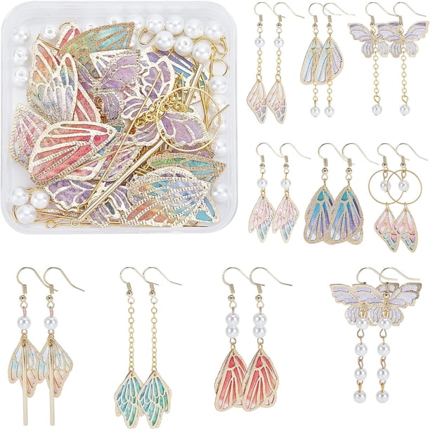 1 caja de 10 pares de dijes de alas de insecto para hacer aretes, accesorios de joyería con dijes de alas de mariposa y cuentas de vidrio con anillos de salto.